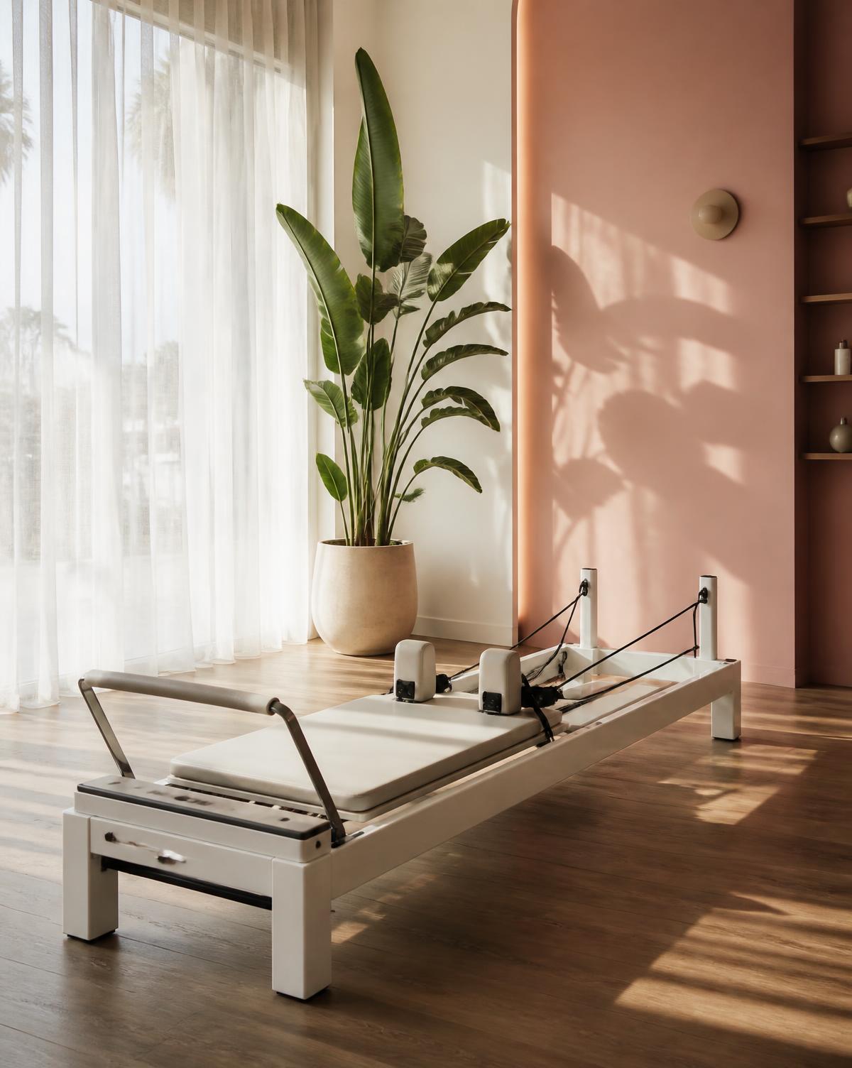 Single reformer beside a window with sheer curtains and a tall green plant