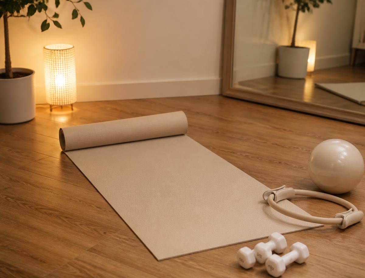 Mat unrolled on a wood floor with small dumbbells, ring and ball