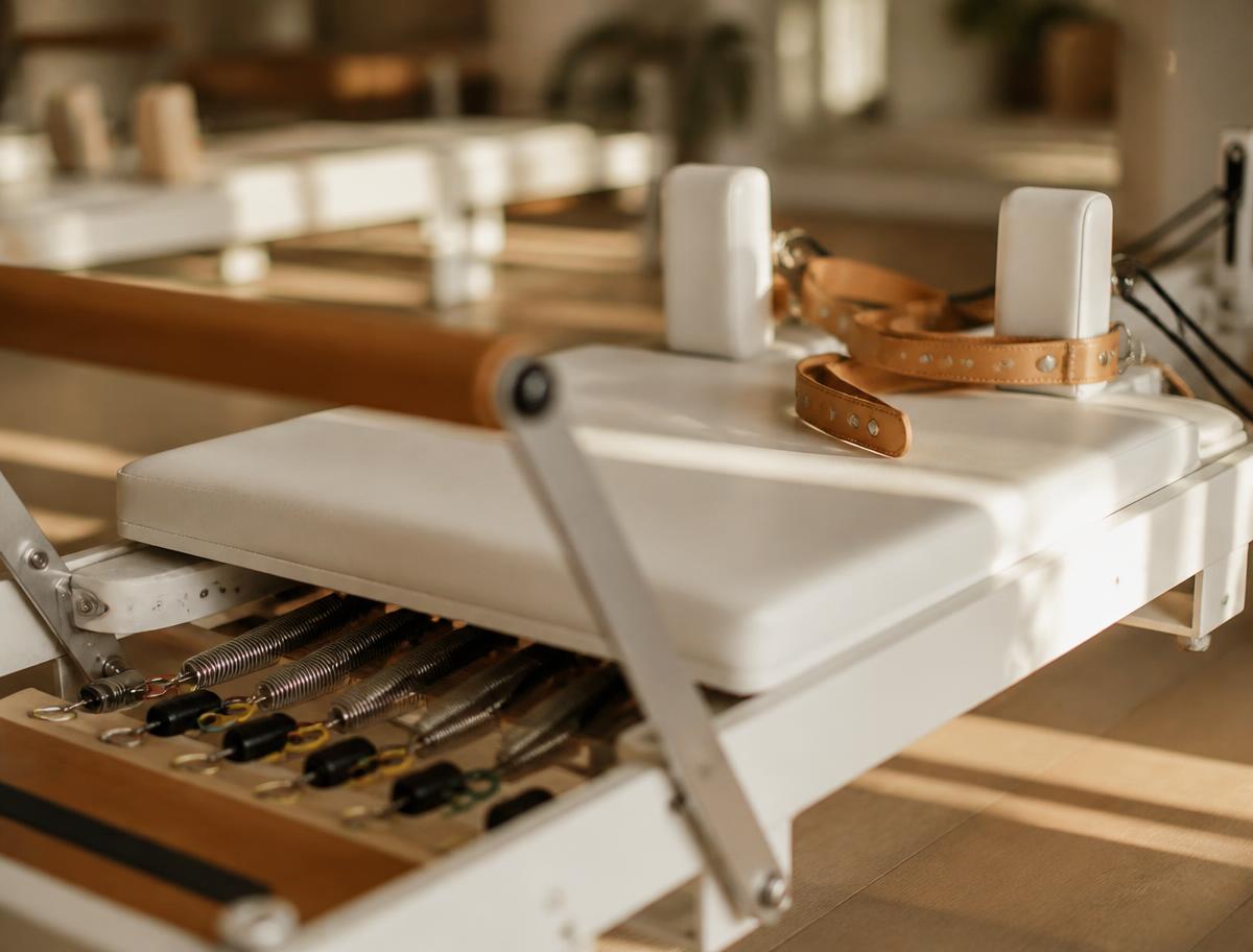 Detail of a reformer carriage with leather straps and springs in warm light