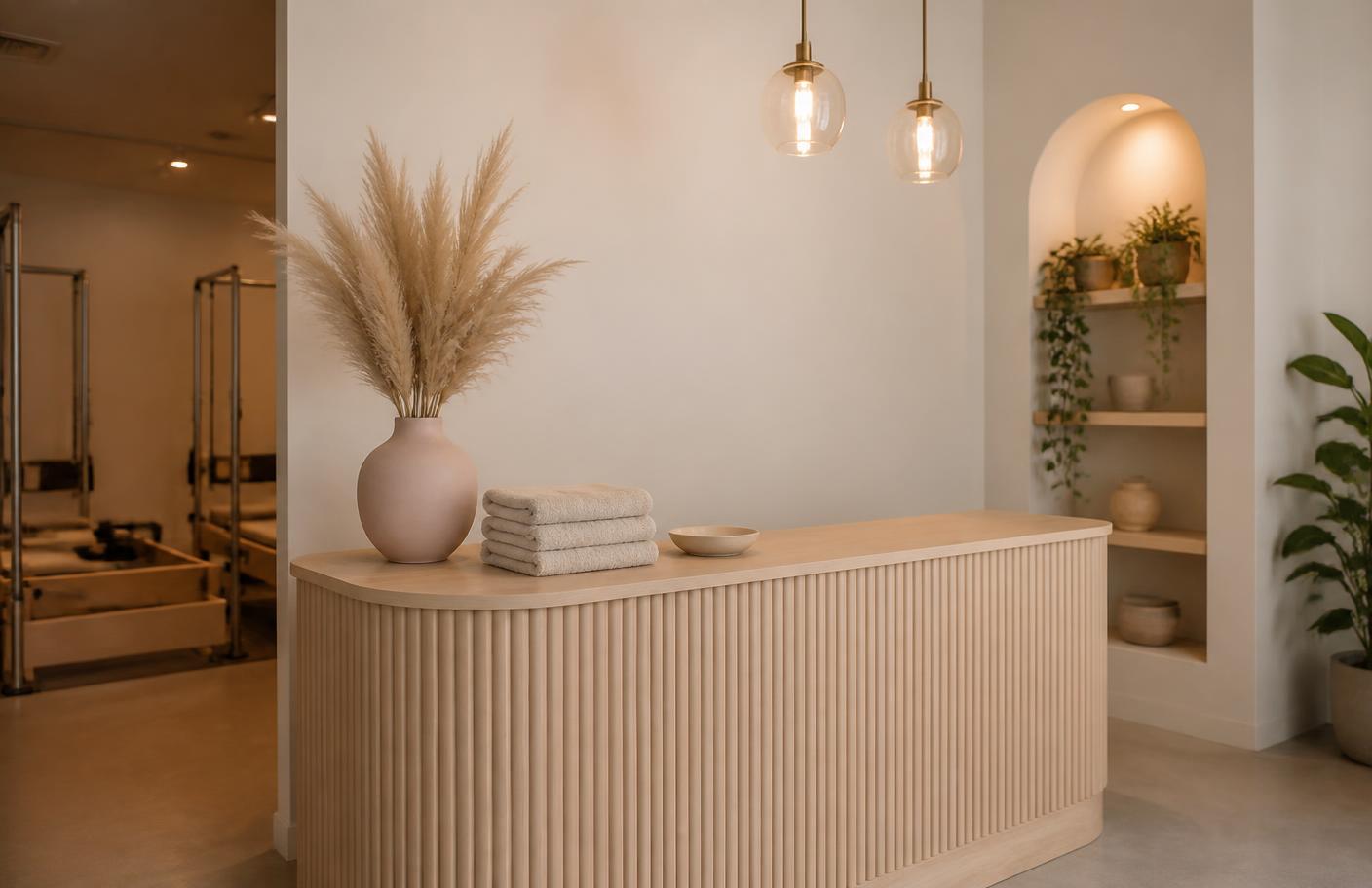 Fluted timber reception counter with folded towels and a blush vase of dried pampas